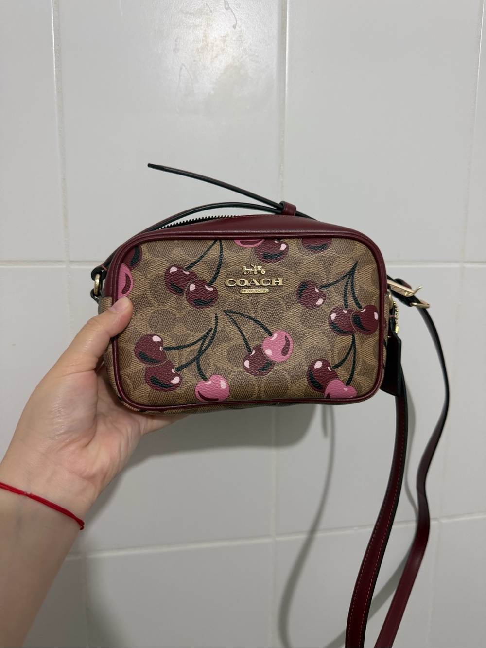 Coach Cherry Print Crossbody in Brown and Pink